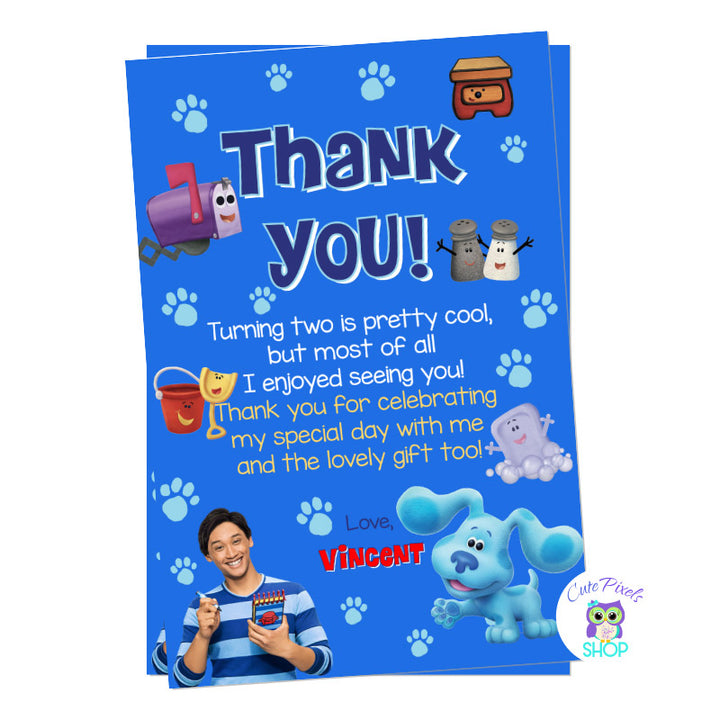 Blue's Clues and You thank you card in a blue background with light blue puppy paws, Blue, Josh, Slippery, Mailbox, Tablet, the spice family, Shovel and Pail