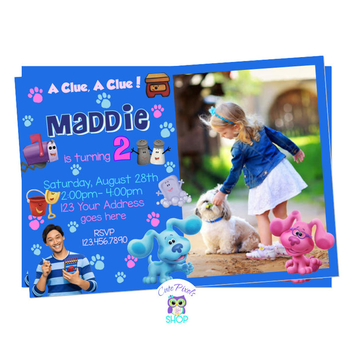 Blue's Clues and you Birthday Invitation, Blue, Magenta, Josh, Mailbox, Table, Slippery and all character are in! Perfect for your Birthday Girl, invitation includes child's photo