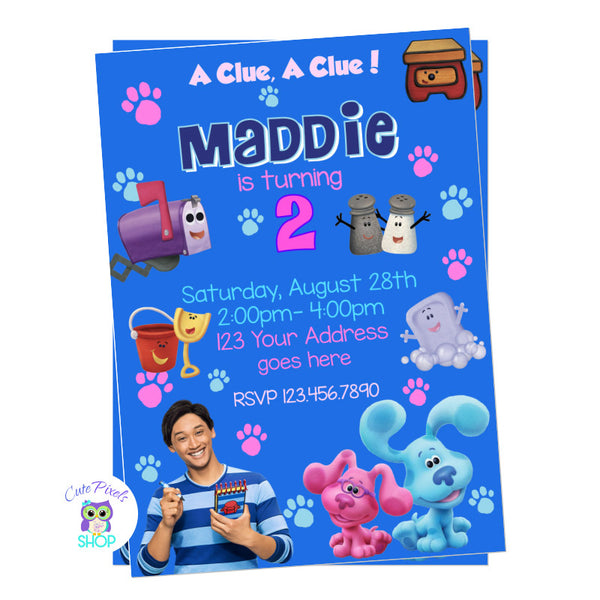 Blue's Clues and you Birthday Invitation, Blue, Magenta, Josh, Mailbox, Table, Slippery and all character are in! Perfect for your Birthday Girl