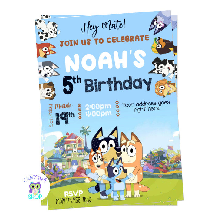 Bluey Invitation with the whole family, Bluey, Bingo, Bandit & Chilli together with a couple of more dog friends around. Perfect for your Bluey Birthday Party