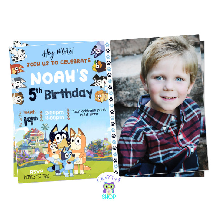 Bluey Invitation with the whole family, Bluey, Bingo, Bandit & Chilli together with a couple of more dog friends around. Perfect for your Bluey Birthday Party. Including child's photo