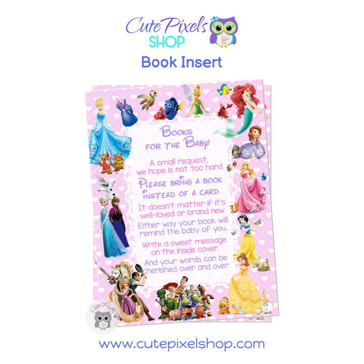 Disney Characters Baby Shower Bring a book card for girls. Bring a book instead of a card insert for your Disney baby shower invitation, full of Disney characters and Disney princess perfect for a little girl. Pink background with hearts.