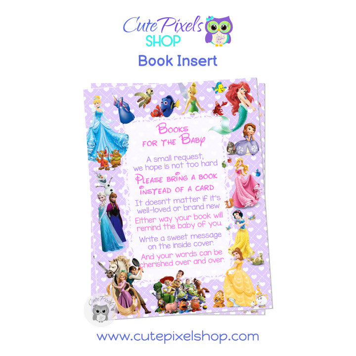 Disney Characters Baby Shower Bring a book card for girls. Bring a book instead of a card insert for your Disney baby shower invitation, full of Disney characters and Disney princess perfect for a little girl. Purple background with hearts.