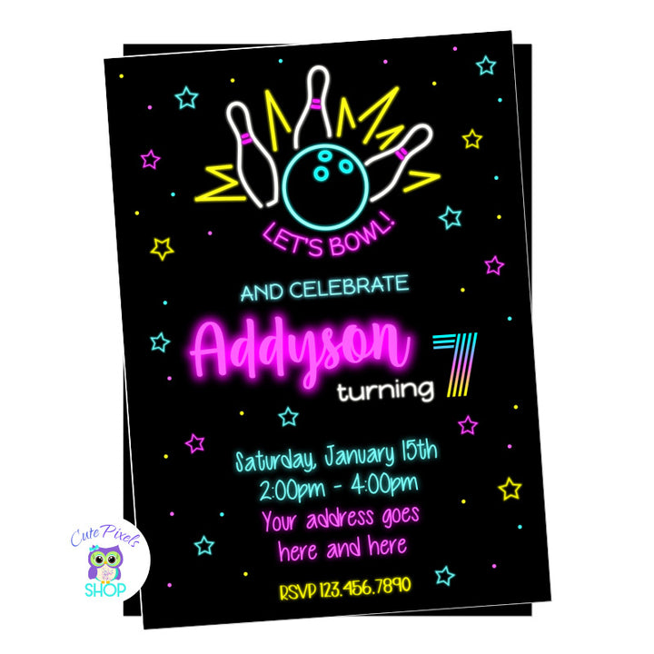 Bowling invitation in neon colors, full of neon stars and dots for a Bowling party for girl