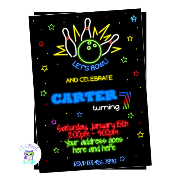 Bowling invitation in neon colors, full of neon stars and dots for a Bowling party for boy