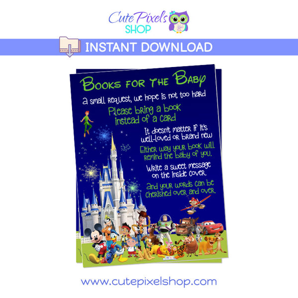 Baby Shower Bring a book card with the Disney Castle and all Disney Characters for your baby boy