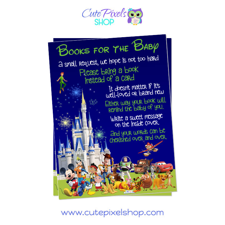 Disney Characters and Castle Baby Shower Bring a book card for Boys. Bring a book instead of a card insert for your Disney baby shower invitation, full of Disney characters and the Disney Castle on the back.