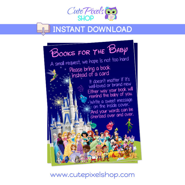 Baby Shower Bring a book card with the Disney Castle and all Disney Characters for your baby girl