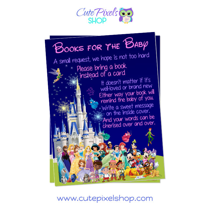 Disney Characters and Castle Baby Shower Bring a book card for girls. Bring a book instead of a card insert for your Disney baby shower invitation, full of Disney characters, princess and the Disney Castle on the back.