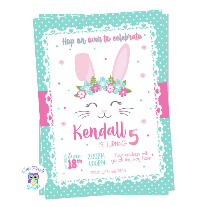 Bunny invitation. Boho Floral Bunny Birthday invitation in teal, pink and full of boho flowers for a cute Bunny Birthday party!