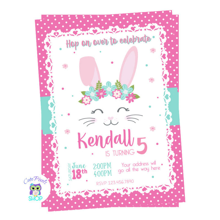 Bunny invitation. Boho Floral Bunny Birthday invitation in teal, pink and full of boho flowers for a cute Bunny Birthday party! Pink Design