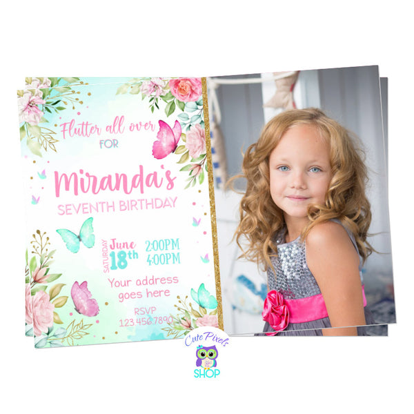 Butterfly Invitation in watercolor pink and teal colors, full of flowers and cute butterflies. 