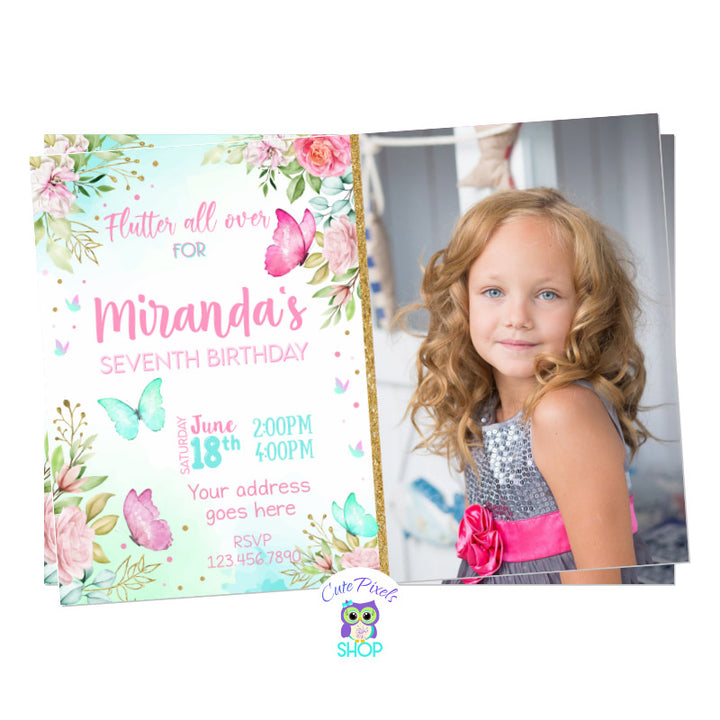 Butterfly Invitation in watercolor pink and teal colors, full of flowers and cute butterflies. 