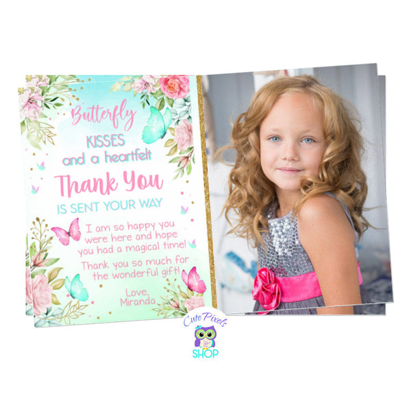 Butterfly Thank You card in watercolor pink and teal colors, full of flowers and cute butterflies. 