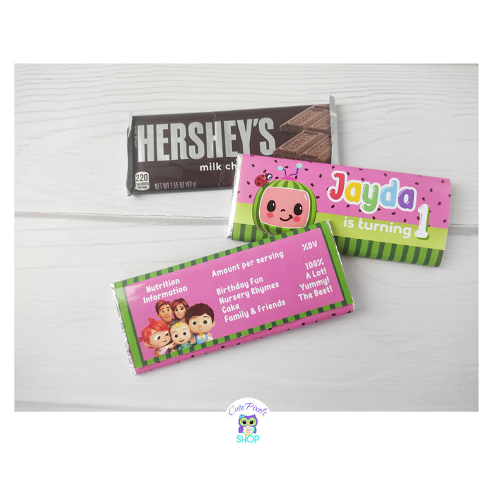 Cocomelon Candy Bar Wrapper printed to be used as party favor in your Cocomelon Birthday Party. Front and back design