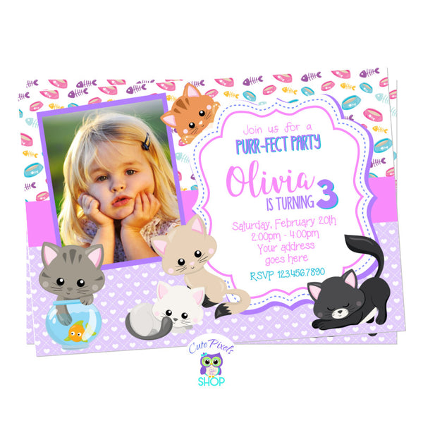 Cat Birthday Invitation. Kitty Invitation full of cute cats, pink, purple and Child's Photo