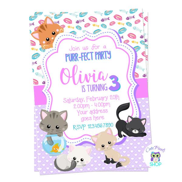 Cat Birthday Invitation. Kitty Invitation full of cute cats, pink and purple