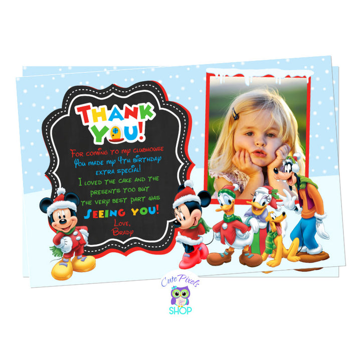 Christmas Thank You Card. Mickey Mouse Clubhouse Christmas card in a Snow background with Mickey Mouse and Clubhouse friends. Text in chalkboard background, includes child's Photo