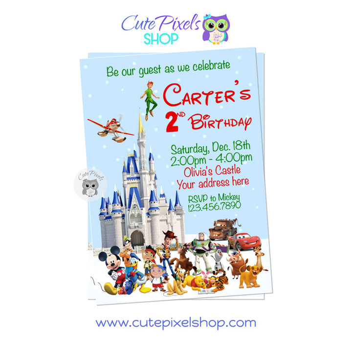 Christmas Disney Characters and Castle Birthday invitation for boys