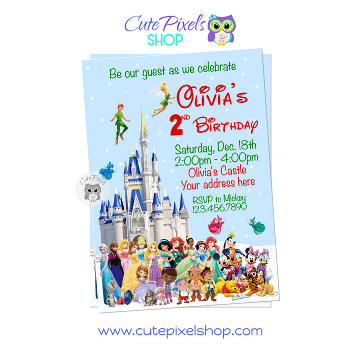 Christmas Disney Characters and Castle Birthday invitation for girls