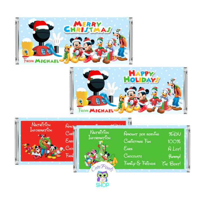 Christmas Mickey Mouse Candy Bar wrappers with name on it. Customised Mickey mouse candy bar labels. Candy Bar wrappers with all Mickey Clubhouse characters for christmas