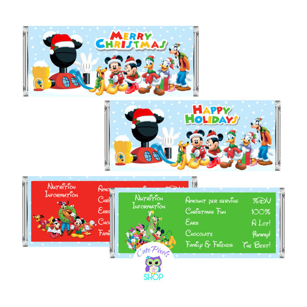 Christmas Mickey Mouse Candy Bar Wrappers, Mickey Christmas Candy Labels, Chocolate wrappers with Mickey Clubhouse friends