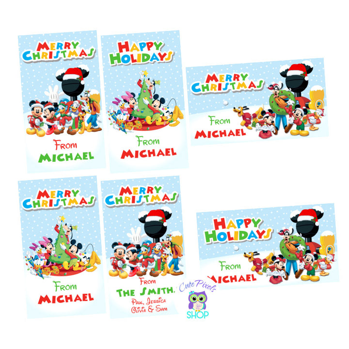 Christmas Mickey Mouse gift tags personalised with name. All Mickey clubhouse friends ready for christmas giving