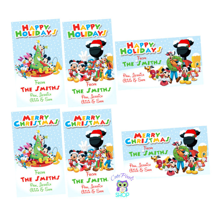 Mickey Mouse Christmas Gift tags with family name and family members on it. All Mickey clubhouse friends on Christmas ready to make your gifts extra special.