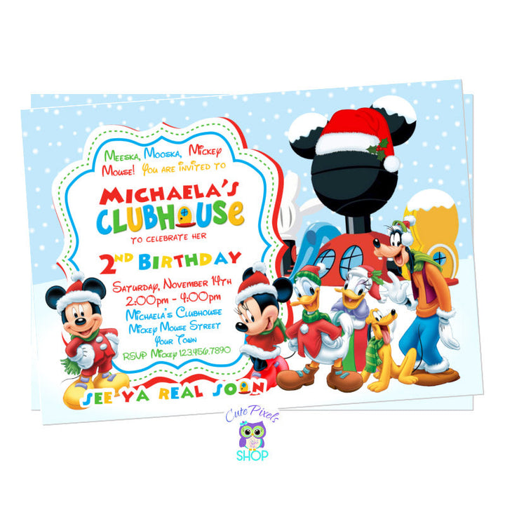 Christmas Mickey Invitation. Mickey Mouse Clubhouse, Micke, Minnie, Pluto, Donald and Daisy in Christmas Outfits in a snow and christmas background. Perfect for a Mickey Christmas Birthday Party