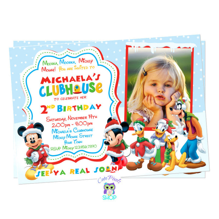 Christmas Invitation. Mickey Mouse Clubhouse Christmas invitation in a Snow background with Mickey Mouse and Clubhouse friends. Includes child's Photo 
