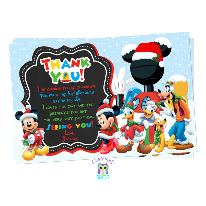 Christmas Thank You Card. Mickey Mouse Clubhouse Christmas card in a Snow background with Mickey Mouse and Clubhouse friends. Text in chalkboard background.