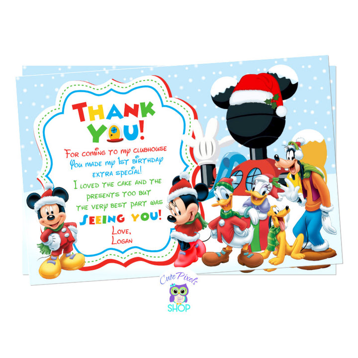 Christmas Thank You Card. Mickey Mouse Clubhouse Christmas card in a Snow background with Mickey Mouse and Clubhouse friends.