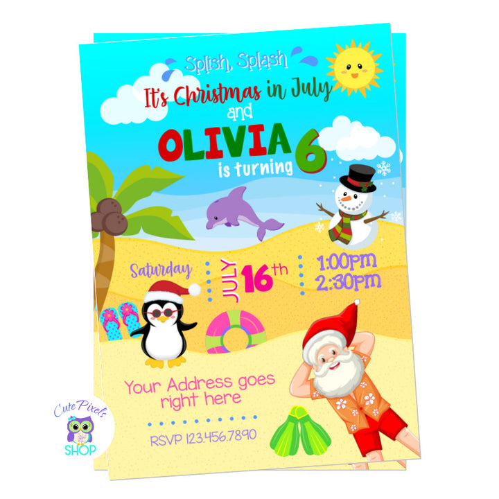 Christmas in July invitation with Santa Claus, a snowman and a penguin at the beach in a summer day. perfect to celebrate summer and Christmas together