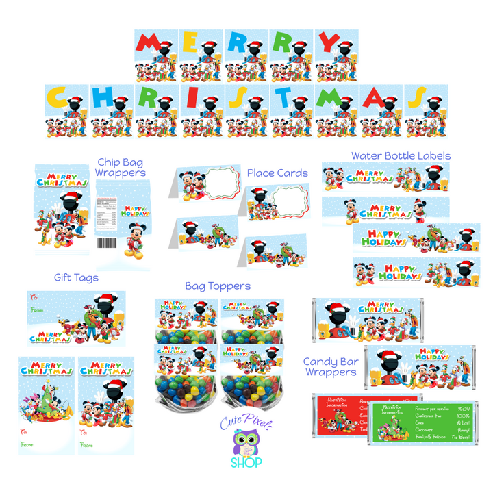 Christmas Mickey Mouse Party decorations, includes Merry Christmas Banner, Chip Bag Wrappers, Place Cards, Water Bottle Labels, Gift Tags, Bag Toppers and Candy Bar Wrappers to have a cute Christmas. All Mickey Clubhouse Friends ready for Christmas time