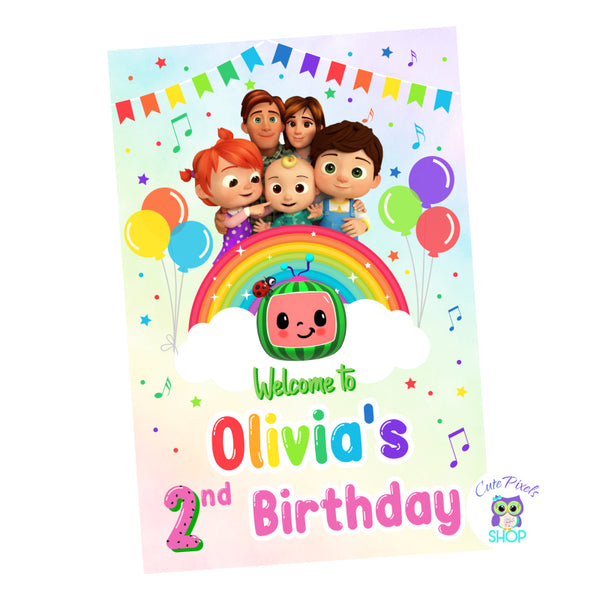 Cocomelon Backdrop, Cocomelon Birthday sign for a Cocomelon birthday to be used as party decoration or at the dessert table. Cocomelon Family above a rainbow, with balloons and bunting banner, a welcome message with your child's name and age