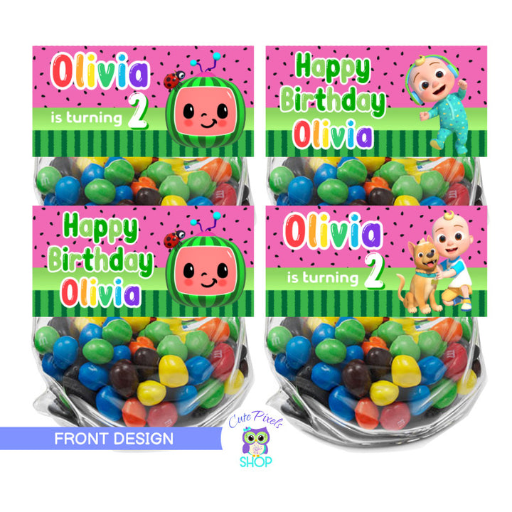 Cocomelon Bag Toppers. Pink Design, front side of treat bag. Pink watermelon pattern with cocomelon logo and baby. Customzid with name and age