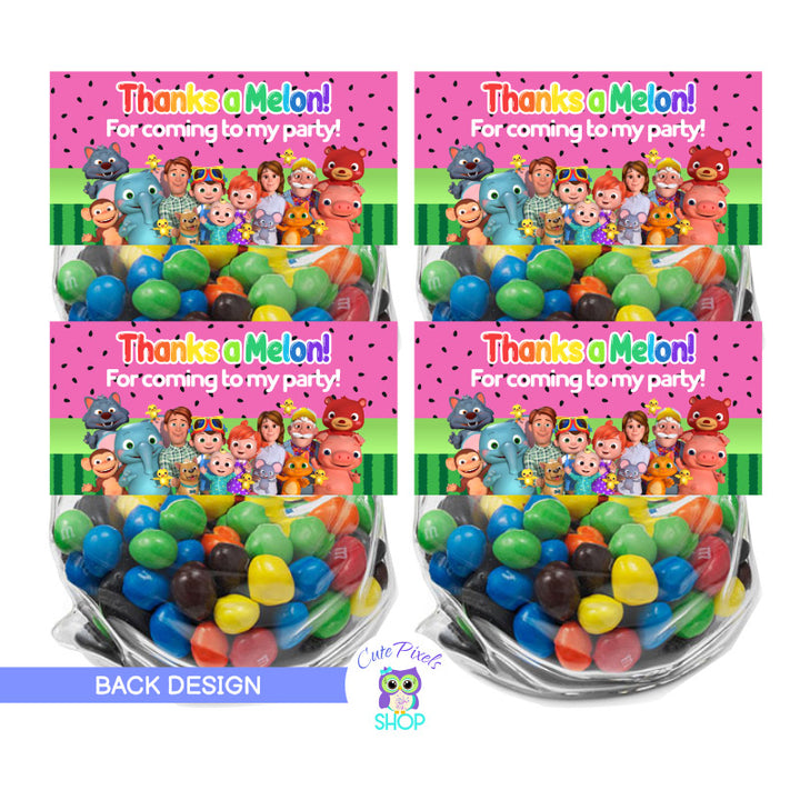 Cocomelon Bag Toppers. Pink Design, back side of treat bag. Pink watermelon pattern with cocomelon characters and a thank you message.