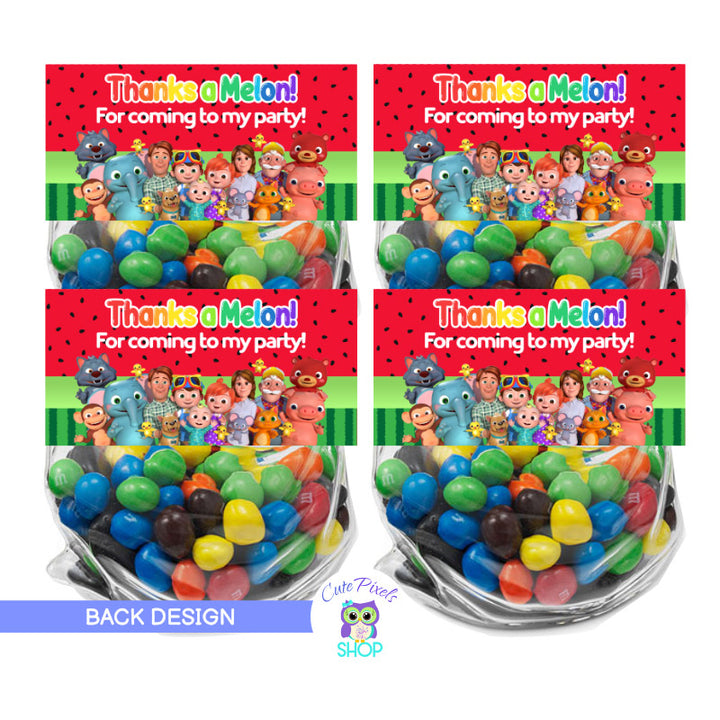 Cocomelon Bag Toppers. Red Design, back side of treat bag. Red watermelon pattern with cocomelon characters and a thank you message.