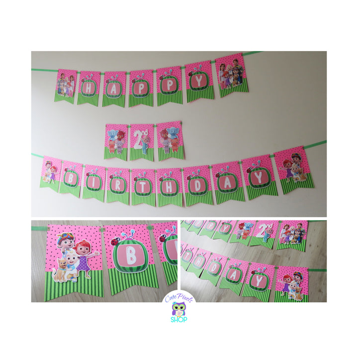 Cocomelon Birthday Banner included on the Cocomelon Party decorations. Layered cardstock, handmade bunting banner with Happy Birthday and age.