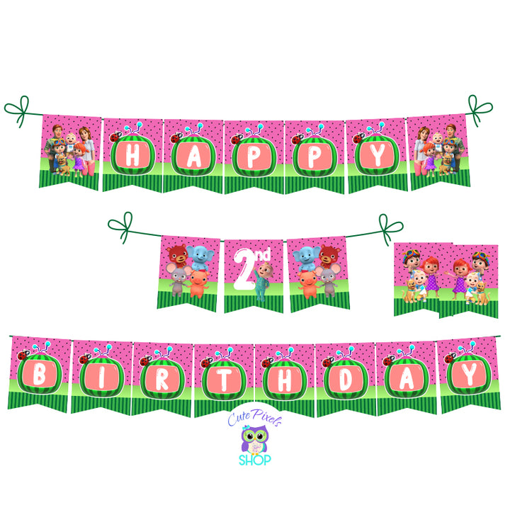 Cocomelon Birthday Banner. Cocomelon Bunting Banner with flags saying Happy Birthday and child's age. Name can be included. Bunting flags with Cocomelon Logo and Cocomelon Characters in a watermelon pattern.