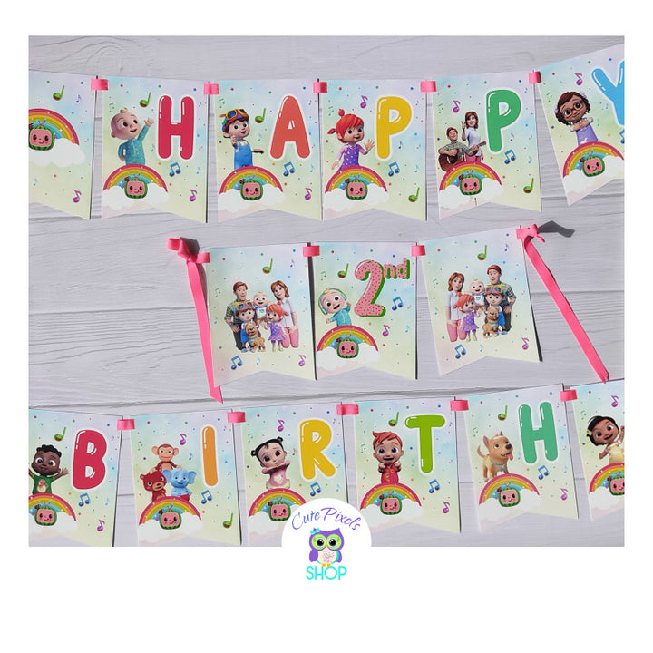 Cocomelon Banner printed, Cocomelon bunting banner with flags saying Happy Birthday and child's age, each flag has a soft rainbow background with a different Cocomelon character
