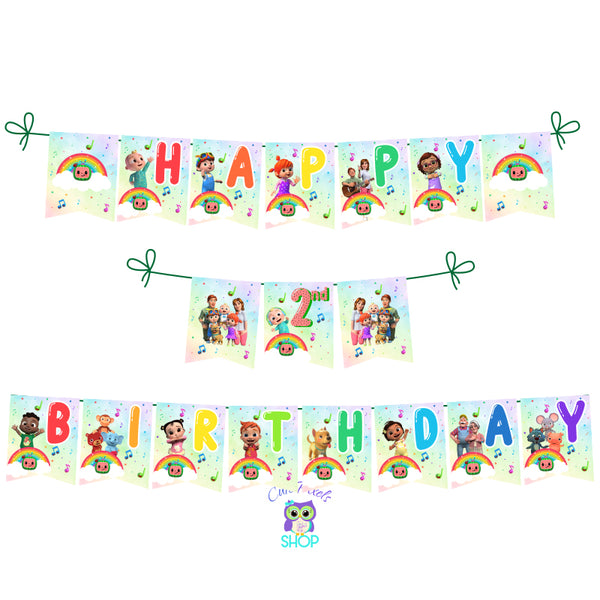 Cocomelon Birthday Banner. Cocomelon Bunting Banner with flags saying Happy Birthday and child's age. Name can be included. Each flag has a rainbow background with a different cocomelon character and the Cocomelon tv.