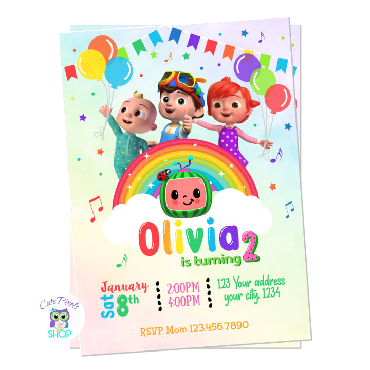 Cocomelon Invitation in a soft rainbow background full of bunting banners, musical notes, starts and balloons. Invitation with Cocomelon characters, Baby JJ, Tom Tom and YoYo for a cute Cocomelon Birthday