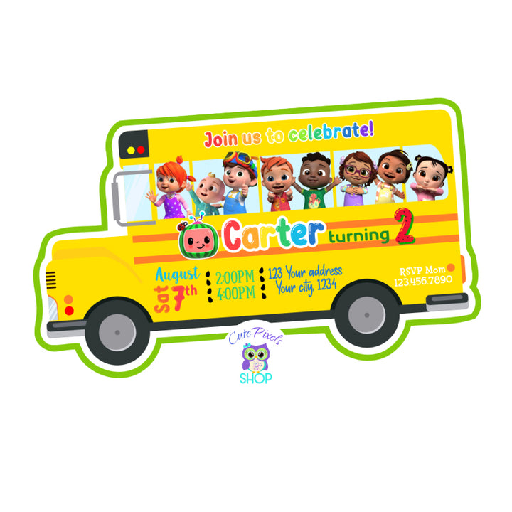 Cocomelon Invitation. Cocomelon wheels on the bus invitation. Birthday invitation has the shape of a bus with all the Cocomelon kids on it. Green cardstock on back.
