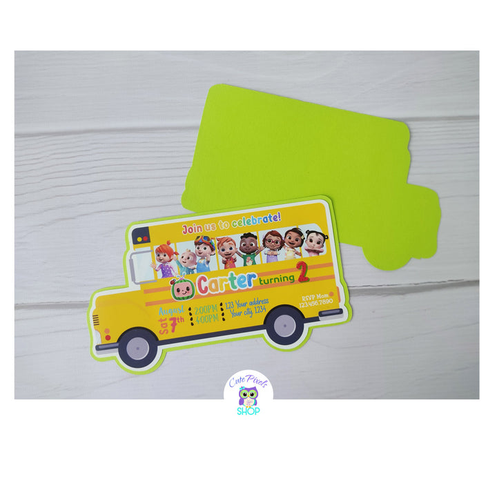 Cocomelon wheels on the bus invitation green. Printed and shipped
