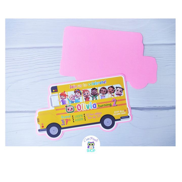 Cocomelon wheels on the bus invitation pink. Printed and shipped