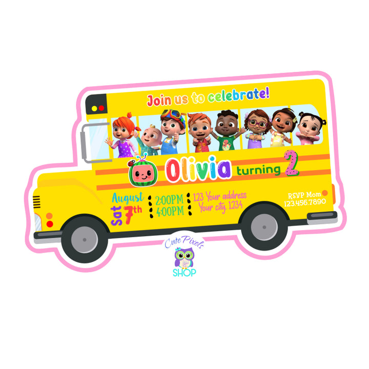 Cocomelon Invitation. Cocomelon wheels on the bus invitation. Birthday invitation has the shape of a bus with all the Cocomelon kids on it. Pink cardstock on back.