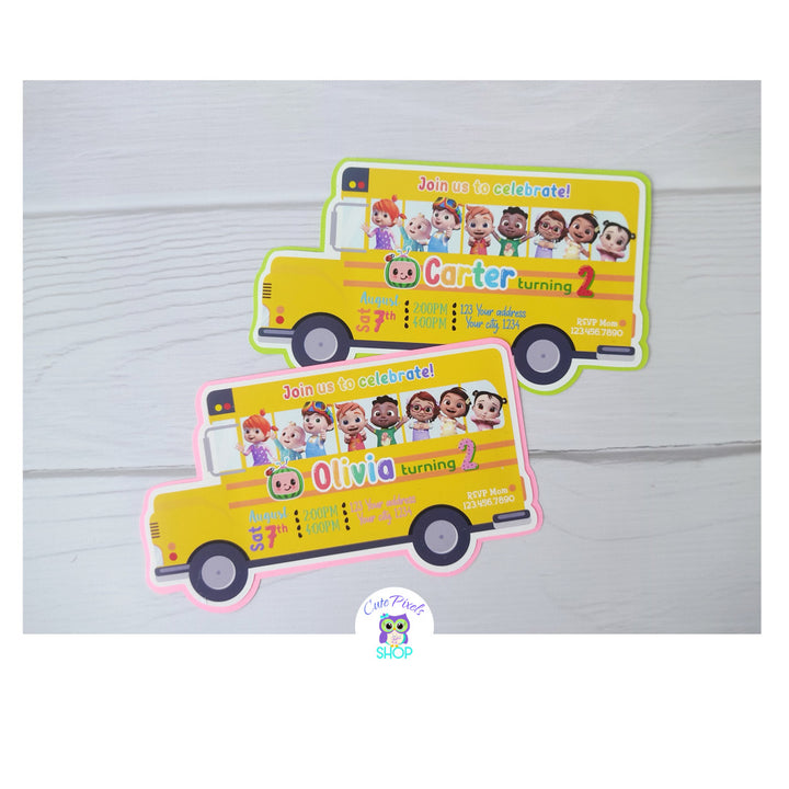 Cocomelon Bus invitation printed, green and pink options for back. Wheels on the bus cocomelon invitation with a bus shape