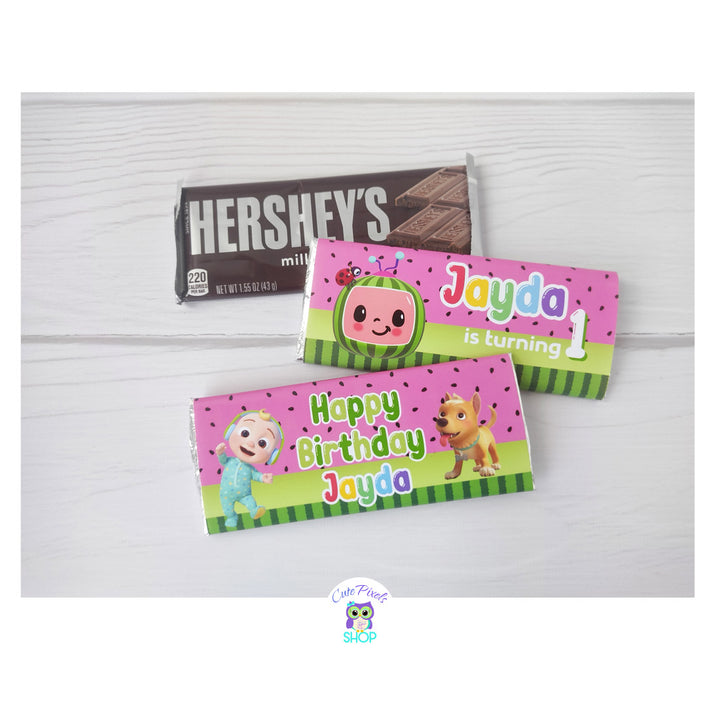 Cocomelon Candy Bar Wrapper printed to be used as party favor in your Cocomelon Birthday Party. Two designs