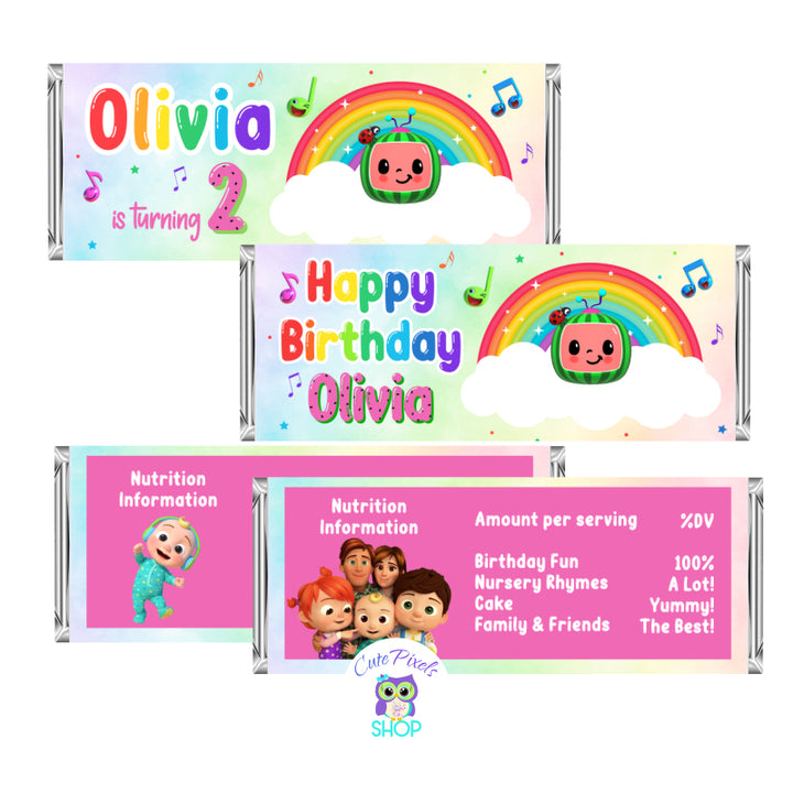 Cocomelon Candy bar Wrapper, Soft rainbow background with Cocomelon Tv under rainbow and clouds. Customized with name and age. Cocomelon Chocolate Bar label